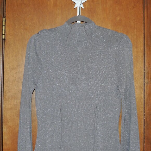 Eva Mendes Metallic Shimmer Mock-Neck Midi Dress – Long Sleeve, Gray Silver, Siz - Picture 3 of 7